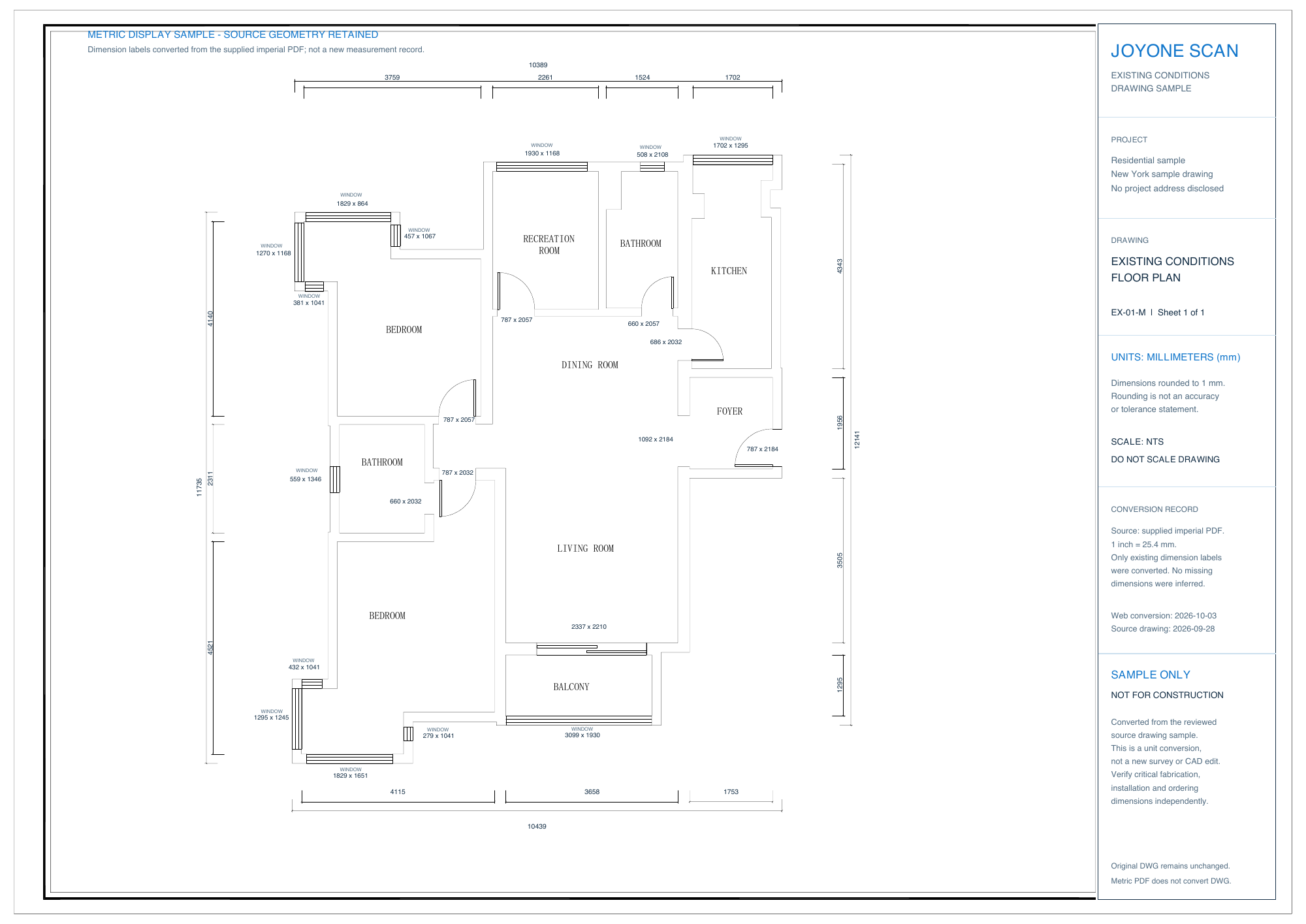Reviewed existing-condition drawing sample — millimetre display version